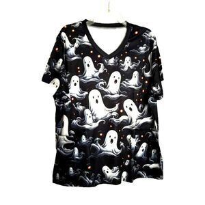 Woman's XXL Nurse Scrub Cute Ghostly Print V-Neck Front Pockets Scrub Top #B
